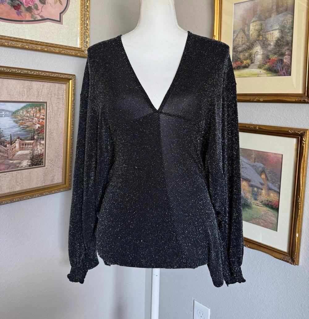 By Together Black Glitter V-Neck Long Sleeve Knit Blouse Top Size S